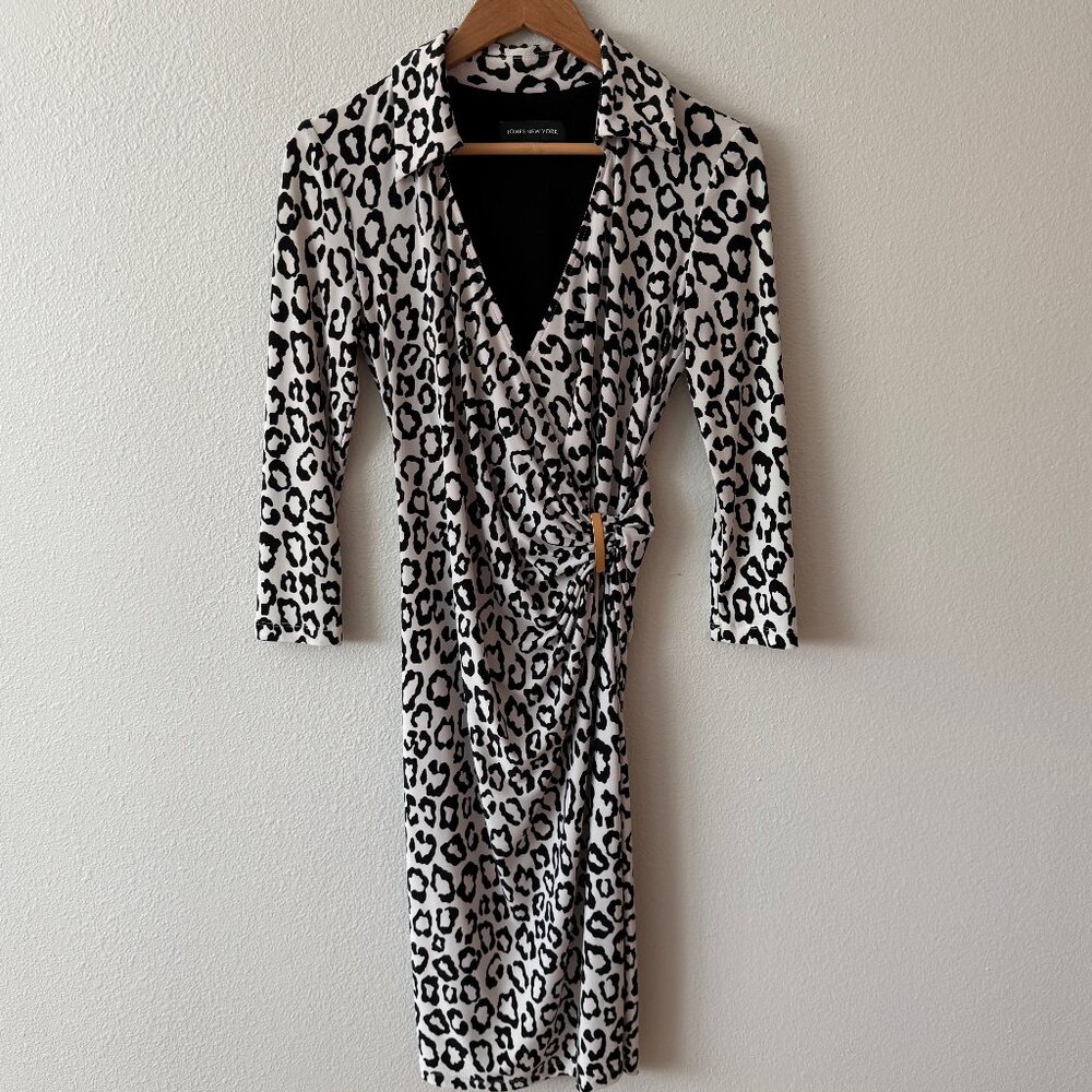 Jones New York Black White Animal Print Faux Wrap‎ Ruched Dress Size 4